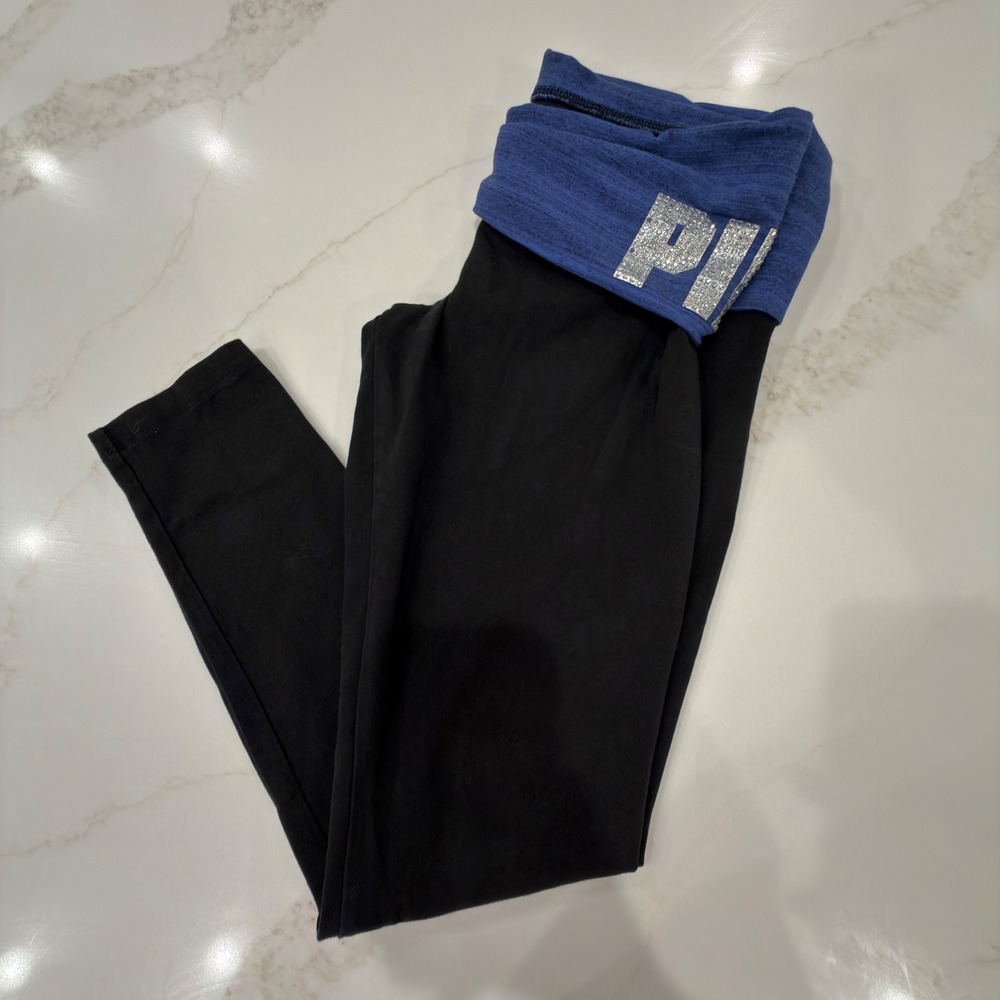 Pink Victoria's Secret Yoga Leggings Black Blue Foldover Rhinestone Logo Medium